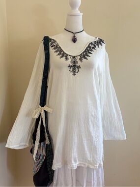 Vintage Y2K boho peasant tunic blouse floral paisley white swimsuit coverup S-M